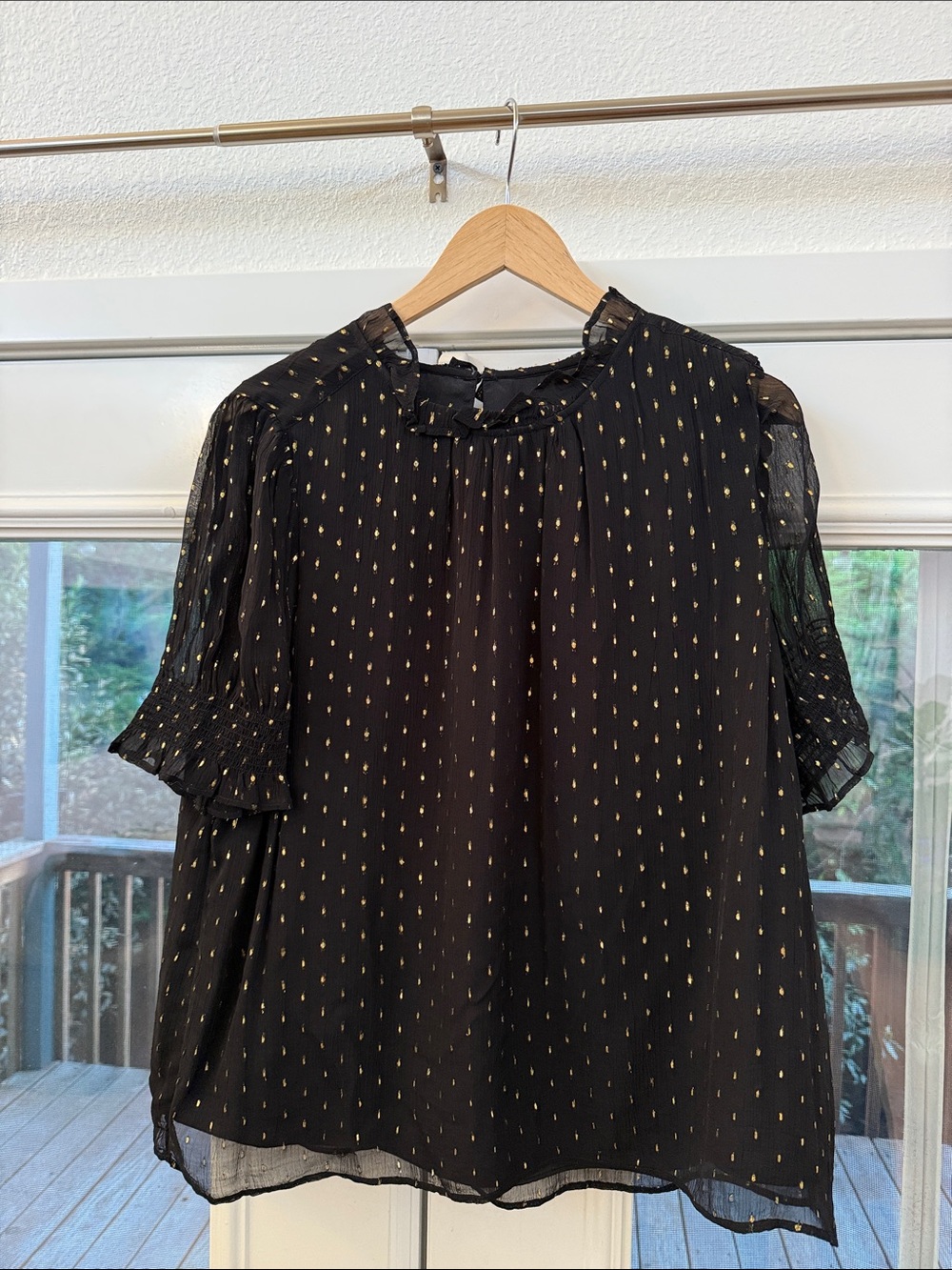 J. Crew Black Blouse with Sheer Gold Dot Overlay